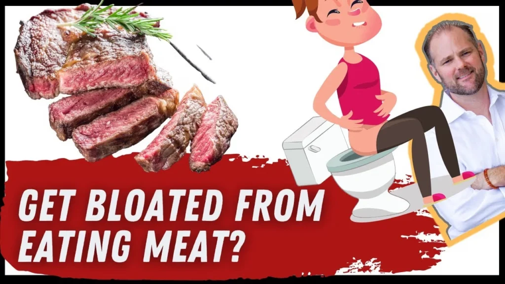 Infographic asking "Get Bloated From Eating Meat?" with explanation about digestive enzymes and protein breakdown.