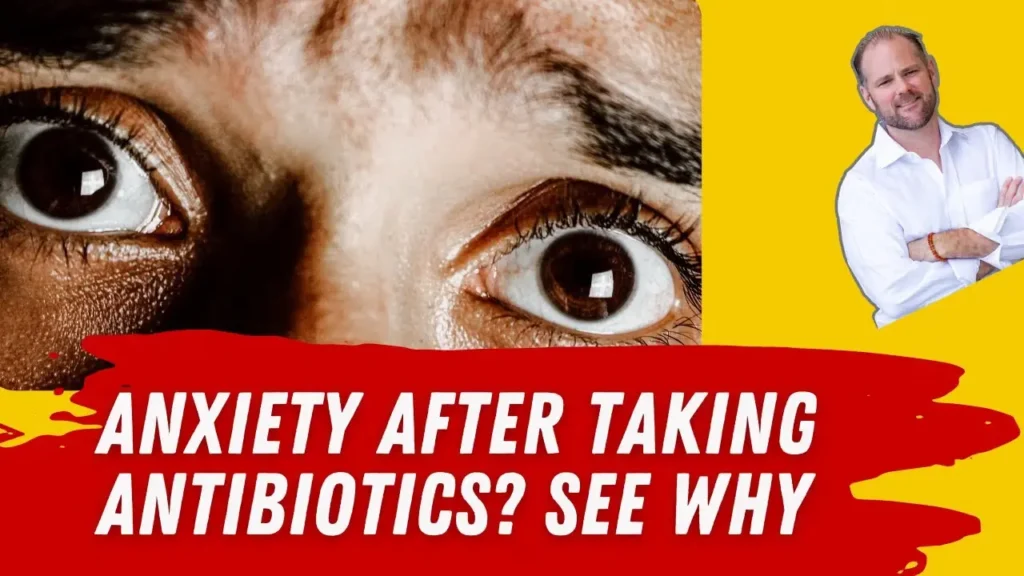 Illustration showing brain imbalance and neuronal damage after antibiotic use, explaining anxiety mechanisms.