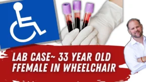 Lab case report showing blood vials and wheelchair icon for a 33-year-old woman affected by antibiotic damage.
