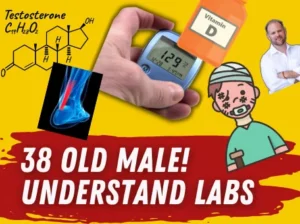 Lab report snippet focused on Testosterone (CnH2O) for a 38-year-old male, emphasizing the importance of understanding lab results for hormone health
