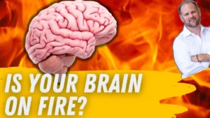 Is Your Brain On Fire?" graphic explaining neuroinflammation symptoms from fluoroquinolone toxicity.