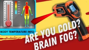 Woman using infrared thermometer to check body temperature for poor circulation causing coldness and brain fog