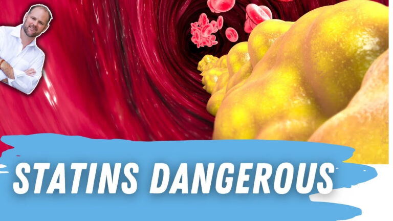 Warning graphic stating "Statins Dangerous" with information on cholesterol-lowering drug risks and side effects.