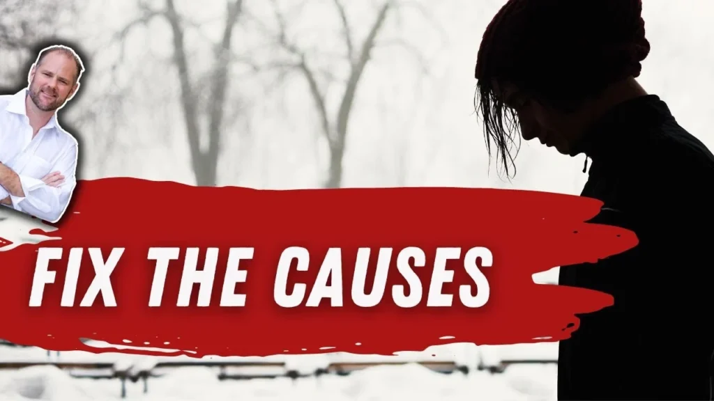 Infographic titled "Fix The Causes" showing the gut-brain connection and root cause approach to treating anxiety and depression without medication.