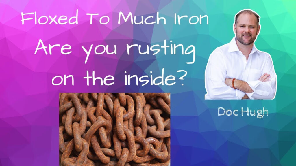 Medical case study featuring Doc Hugh discussing iron overload effects showing rusty chains representing cellular damage from excess iron