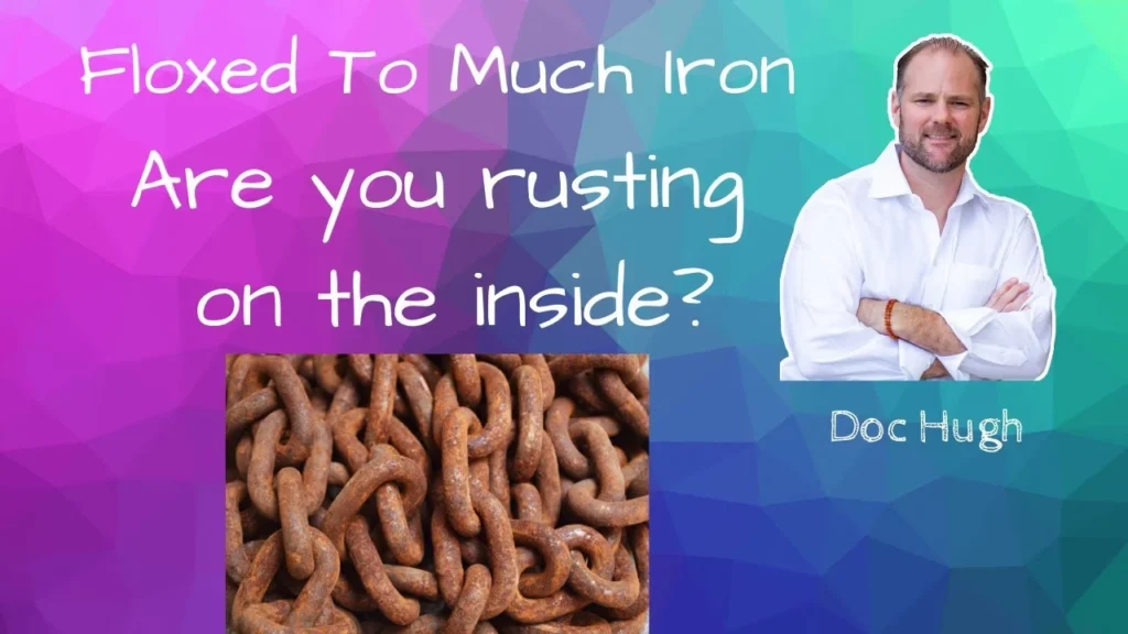 Medical case study featuring Doc Hugh discussing iron overload effects showing rusty chains representing cellular damage from excess iron