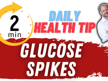 Daily health tip graphic about preventing glucose spikes, highlighting optimal blood sugar levels and intermittent fasting.