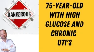 Case study of a 75-year-old female patient with chronic UTIs, high glucose levels, and antibiotic-induced neuropathy.