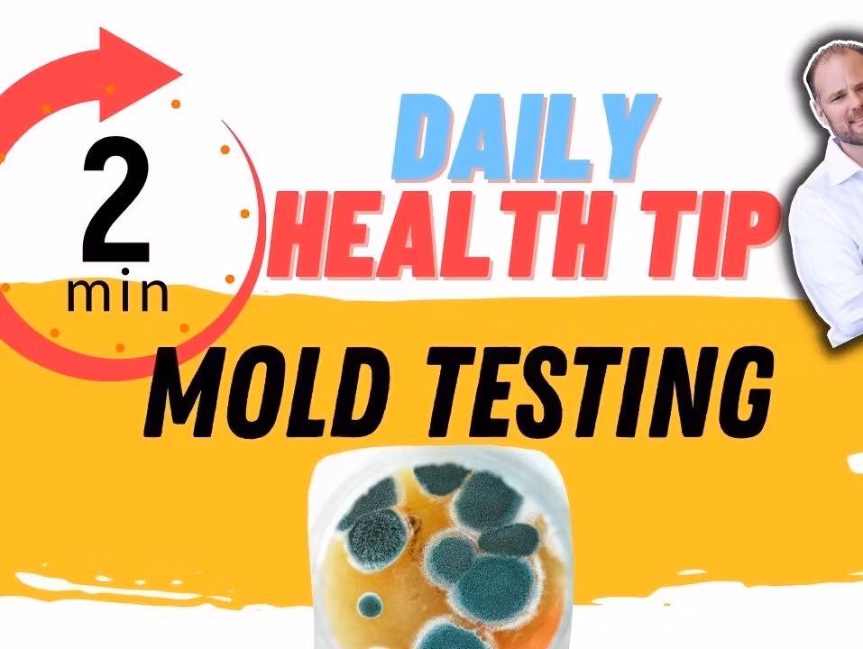 Graphic for a daily health tip about mold testing for chronic health conditions, showing a petri dish with mold.