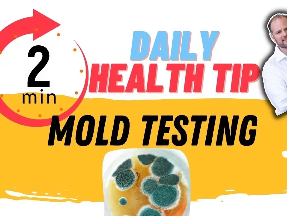 Graphic for a daily health tip about mold testing for chronic health conditions, showing a petri dish with mold.
