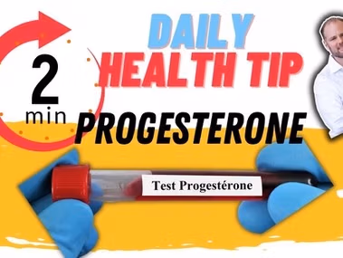 Daily health tip graphic promoting a 2-minute progesterone test to reclaim hormonal harmony and balance symptoms like fatigue, night sweats, and mood swings.