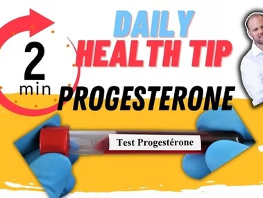 Daily health tip graphic promoting a 2-minute progesterone test to reclaim hormonal harmony and balance symptoms like fatigue, night sweats, and mood swings.