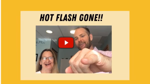 Graphic that says "HOT FLASH GONE" with a call to schedule a Zoom consultation for hormone therapy