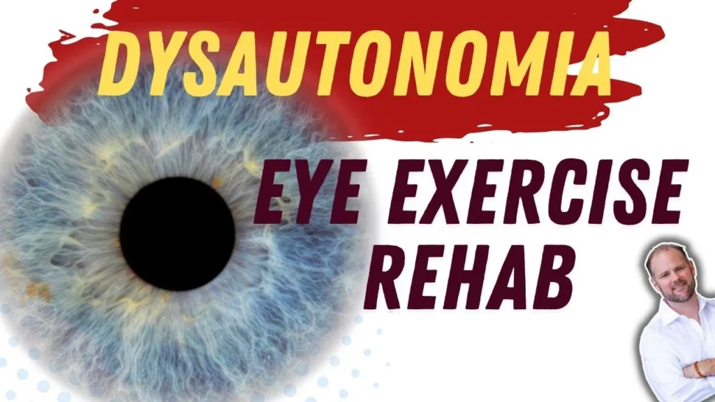 Guide for a dysautonomia eye rehabilitation exercise, showing steps to perform a fixation drill with a printed dot to retrain the nervous system.