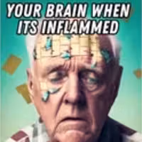 Comparison of healthy brain versus inflamed brain showing neuroinflammation damage and Alzheimer's progression.