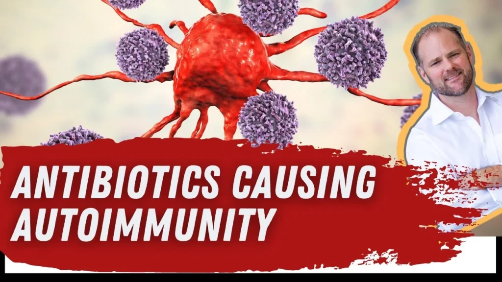 Conceptual graphic linking antibiotic use to the development of autoimmune diseases.