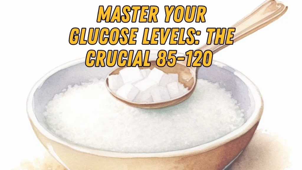 Optimal glucose level range infographic showing the crucial 85-120 mg/dL target zone.