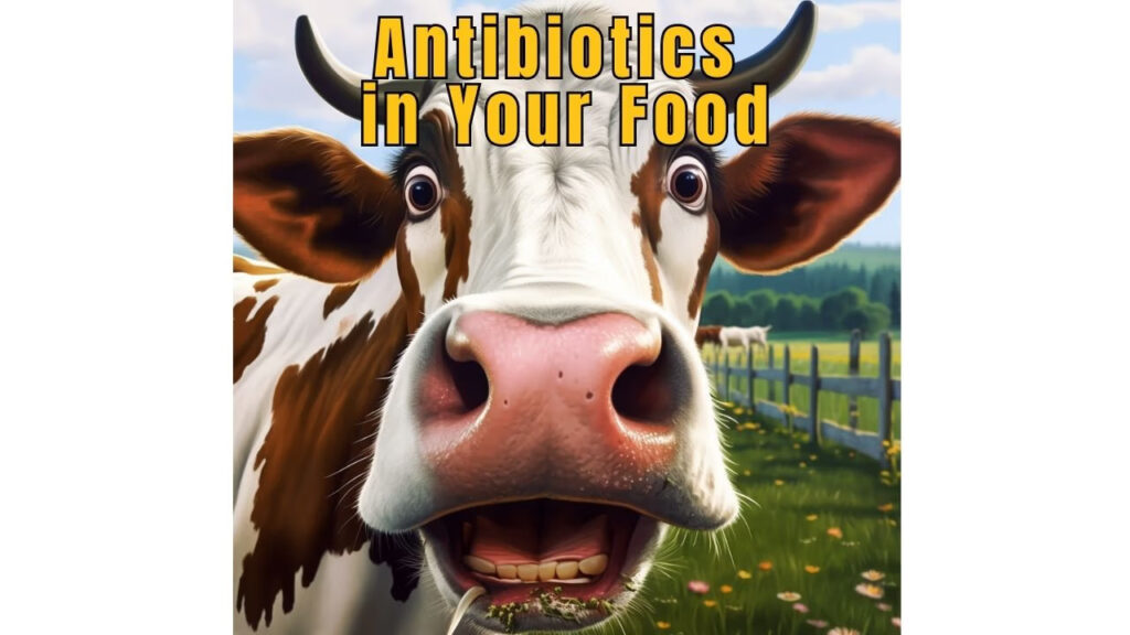 Infographic on antibiotics in food showing livestock antibiotic use and resistance risks