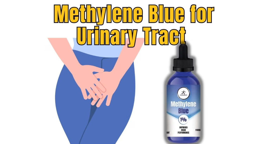 Methylene Blue bottle and chemical structure for urinary tract infection treatment.