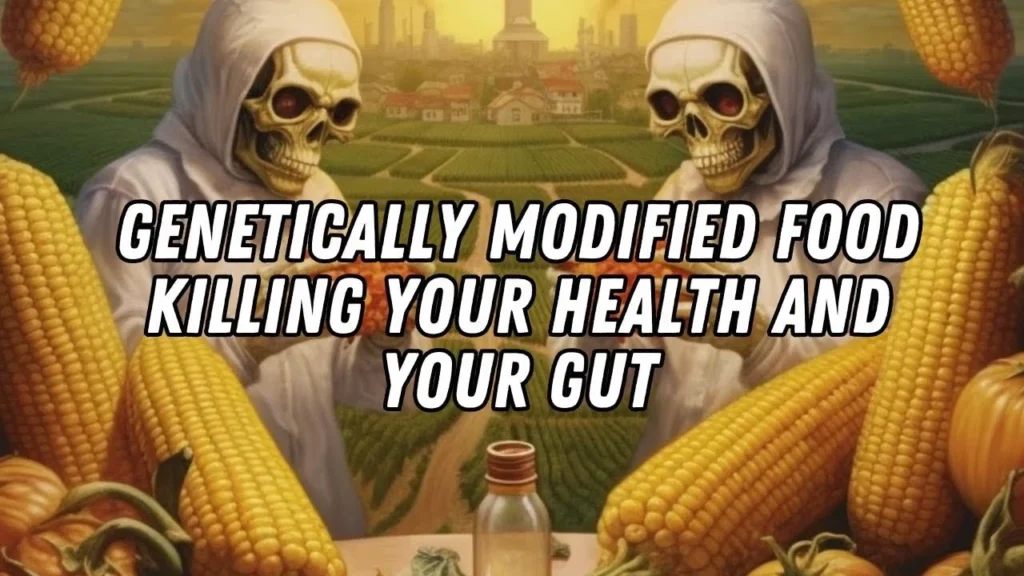 Genetically modified food health warning showing GMO crops and gut damage connection.