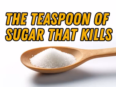 Infographic comparing a single teaspoon of sugar to a penny, illustrating the dangerously small amount of sugar in the human bloodstream.