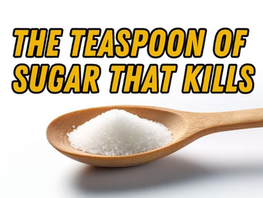 Infographic comparing a single teaspoon of sugar to a penny, illustrating the dangerously small amount of sugar in the human bloodstream.