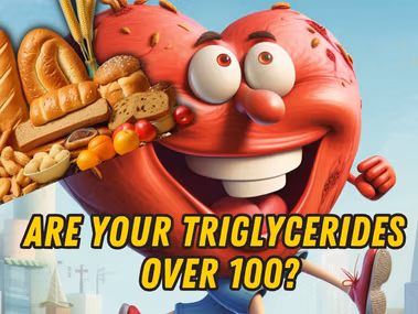 Health question asking "Are Your Triglycerides Over 100?" with explanation of carbohydrate connection.