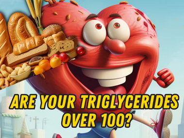 Health question asking "Are Your Triglycerides Over 100?" with explanation of carbohydrate connection.