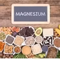 A visual guide showing a variety of magnesium-rich foods like nuts, seeds, and dark chocolate, with a sign that reads "MAGNESIUM."