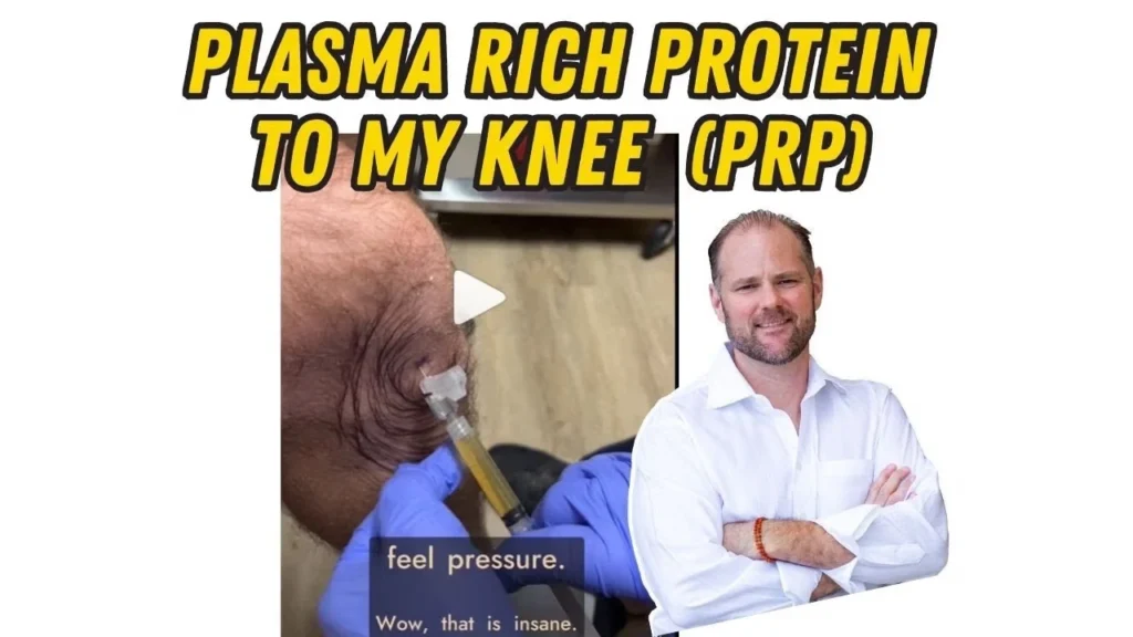 PRP injection procedure showing blood draw, plasma separation, and knee injection process.