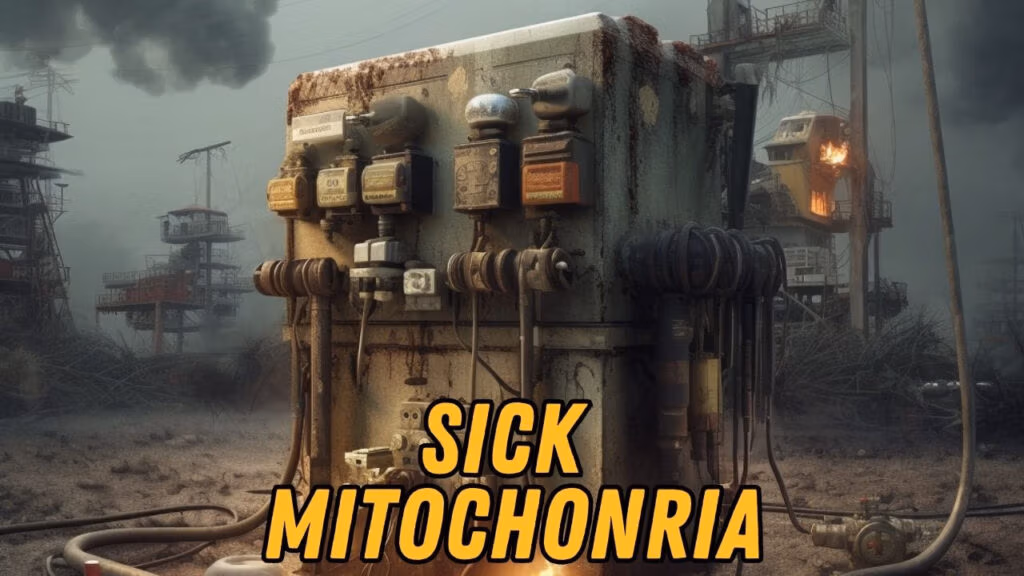 Sick mitochondria diagram showing cellular energy deficiency and free radical production.