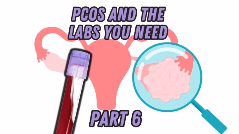 Infographic of 10 essential lab tests for PCOS including hormone panels, inflammation markers, and metabolic tests.