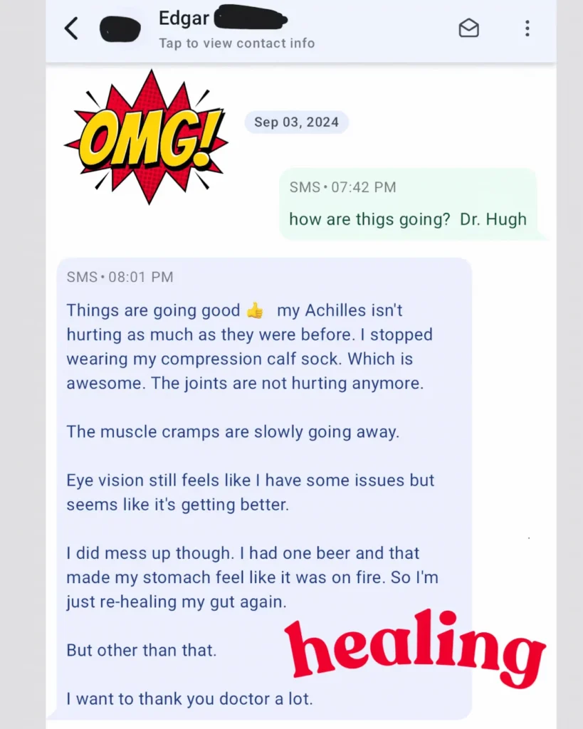 Screenshot of a positive SMS text message from a patient reporting reduced Achilles pain, improved joints, and healing muscle cramps.