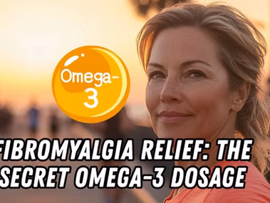Infographic titled "Fibromyalgia Relief: The Secret Omega-3 Dosage" with omega-3 symbol and dosage recommendations for pain management.
