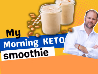 Keto morning smoothie in glasses with ingredients fish oil, nitric balance supplement, and MCT powder for ketogenic diet