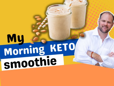 Keto morning smoothie in glasses with ingredients fish oil, nitric balance supplement, and MCT powder for ketogenic diet