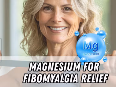 Magnesium for Fibromyalgia Relief title with magnesium capsule and muscle relaxation imagery.