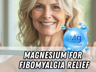 Magnesium for Fibromyalgia Relief title with magnesium capsule and muscle relaxation imagery.