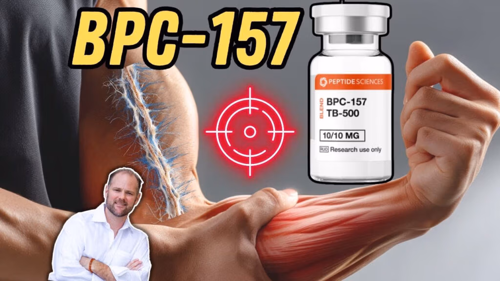 Vial of BPC-157 and TB-500 peptides from Peptide Sciences, labeled for research use only.