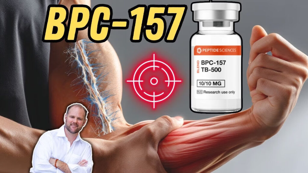 Vial of BPC-157 and TB-500 peptides from Peptide Sciences, labeled for research use only.