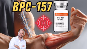 Vial of BPC-157 and TB-500 peptides from Peptide Sciences, labeled for research use only.
