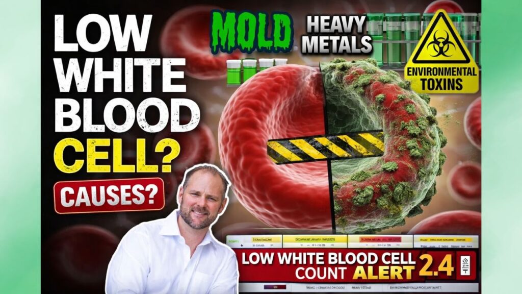 nfographic on how hidden toxins like mold, heavy metals, and pollutants cause low white blood cell count, featuring a case study and a 3-step healing plan.