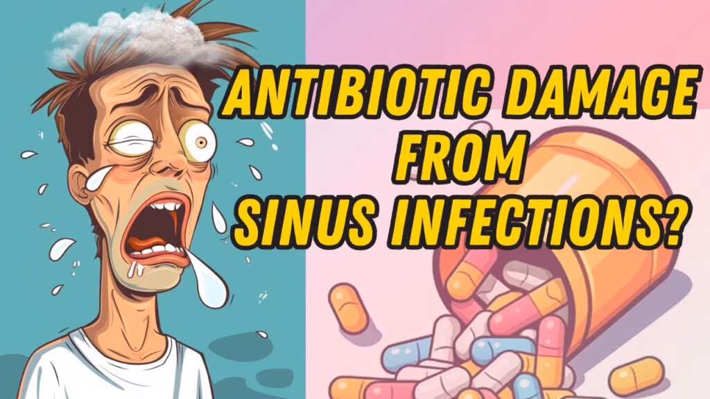 Infographic on sinus infection causes and natural treatments, including cavity anatomy, relief techniques, and tools for recovery from fluoroquinolone toxicity.