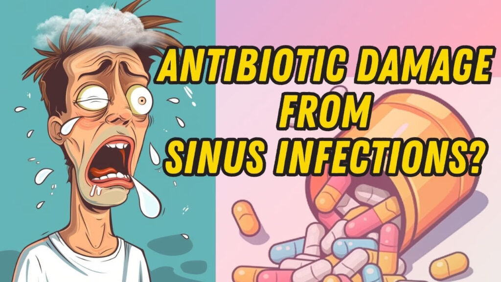 Infographic on sinus infection causes and natural treatments, including cavity anatomy, relief techniques, and tools for recovery from fluoroquinolone toxicity.