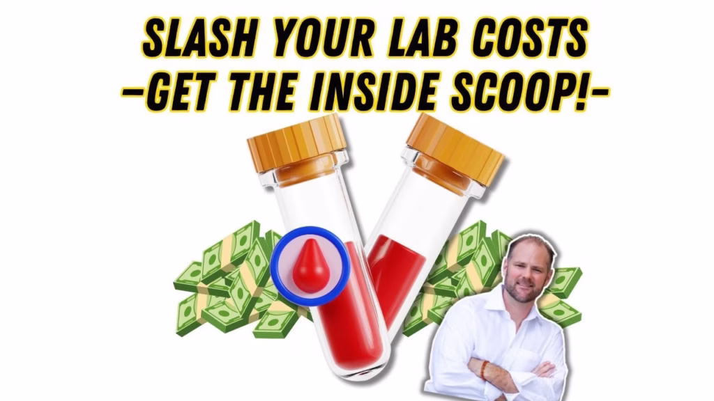 Infographic showing how to save money on lab tests with a comprehensive $319 panel instead of insurance billing.