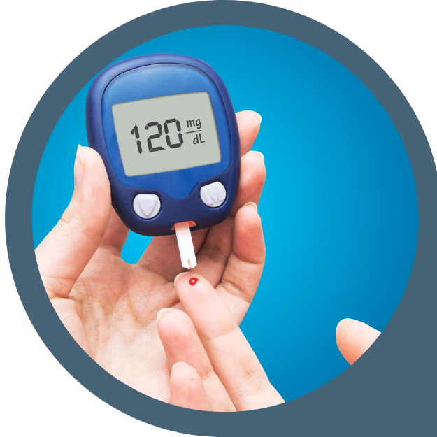 Hand using a blood glucose meter reading 120 mg/dL, symbolizing the blood sugar assessment quiz