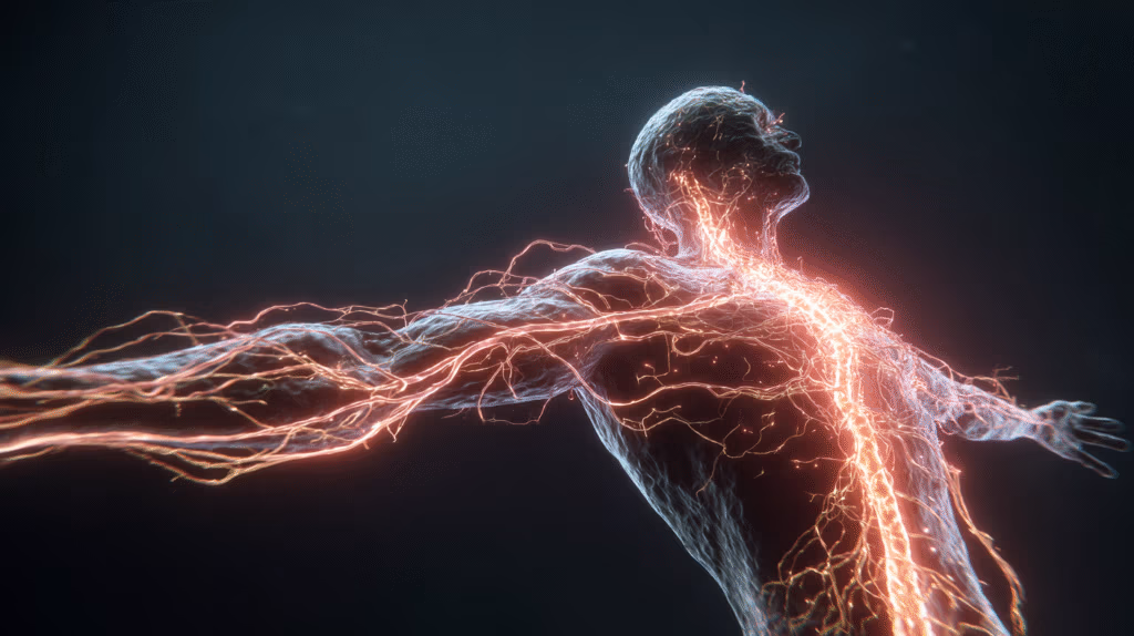 Artistic rendering of human body with glowing nerves and inflammation, symbolizing chronic inflammation throughout the body