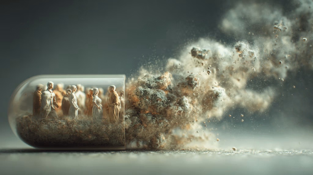 Symbolic image of a pill capsule shattering, representing the harmful effects of antibiotics and fluoroquinolone toxicity