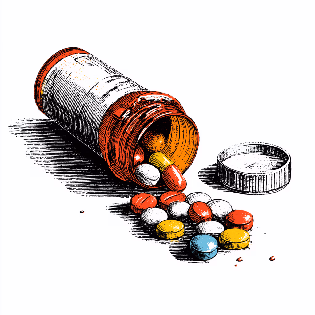 Fluoroquinolone toxicity recovery support – spilled pill bottle with medication