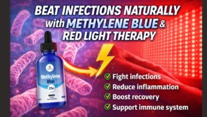 Methylene Blue bottle and red light therapy device for natural infection treatment.